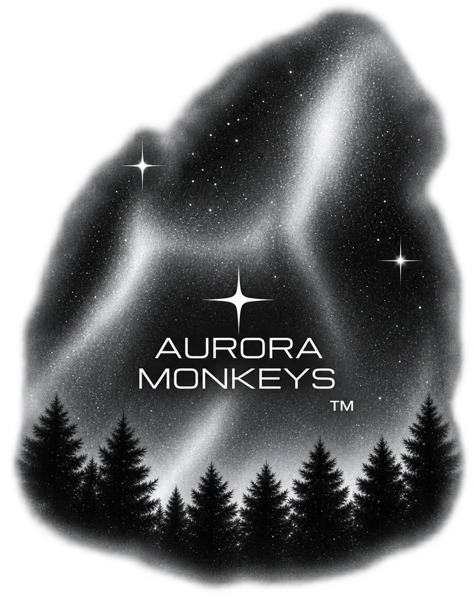 Aurora Monkeys — northern lights over a pine forest